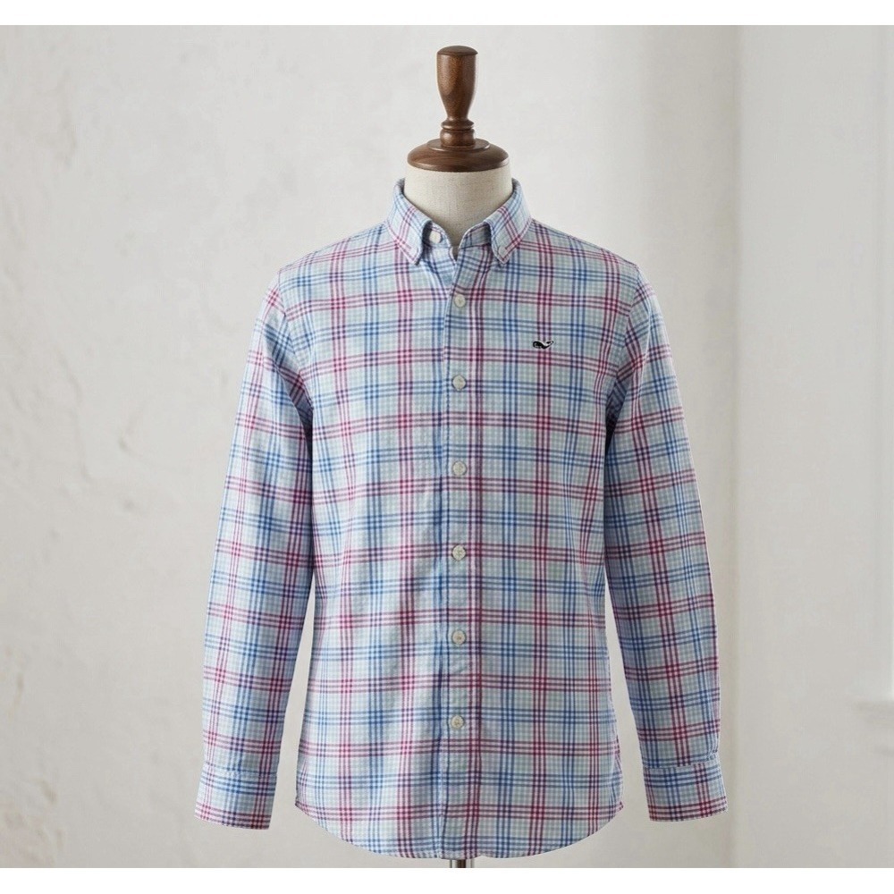 Vineyard Vines Whale Shirt Plaid Boys M (12-14) Button Up Long Sleeve School